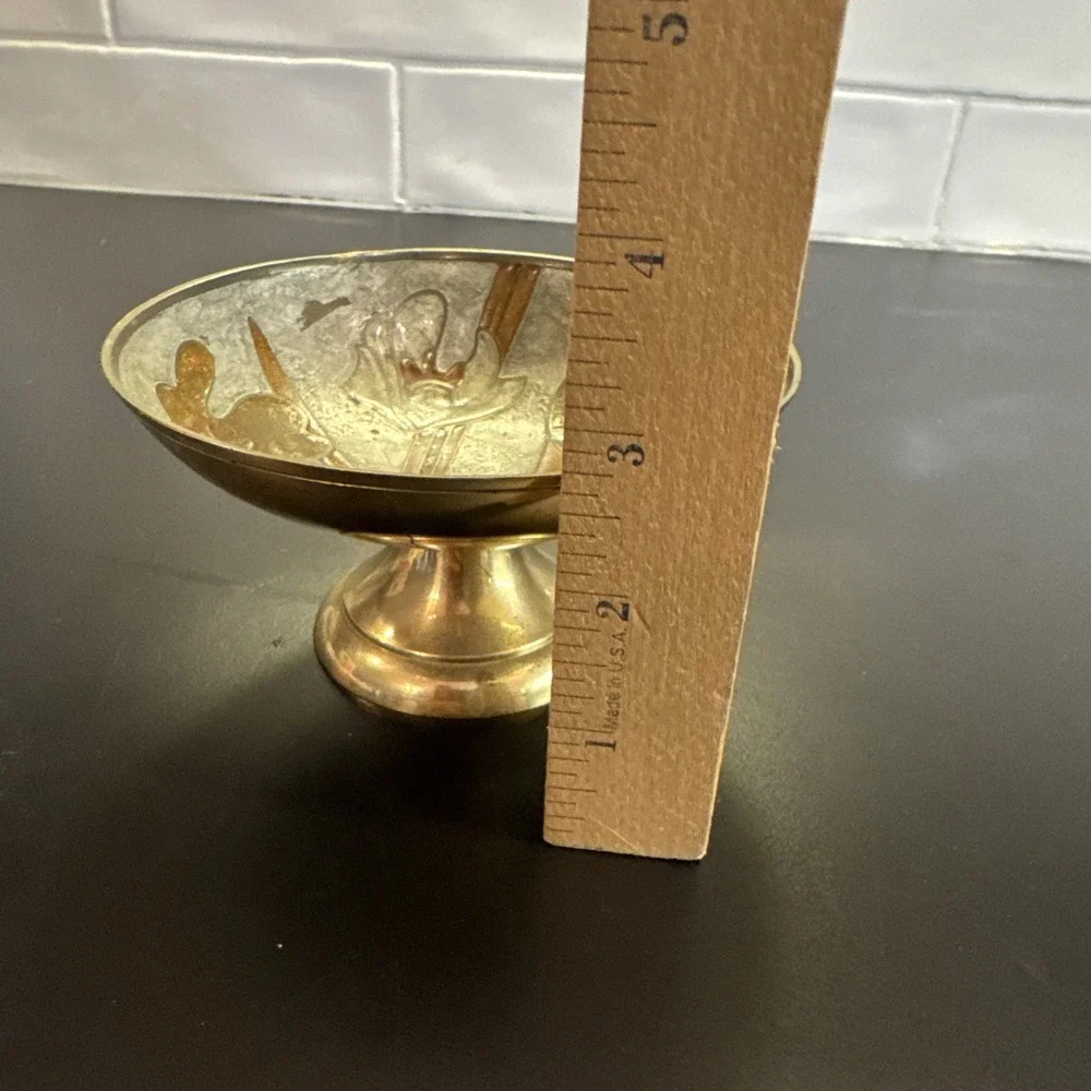 Vintage‎ Brass Pedestal Bowl Enamel w/ Flowers 5